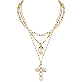 LILIE&WHITE Gold Layered Necklace for Women Chic Imitation Pearl Cross Necklaces Stackable Multi Strand Necklace Jewelry Gift