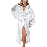 WADAYUYU Women Elegant White Lace Kimono Robe Satin Summer Dressing Gown for Brides, Lounging, Sleepwear