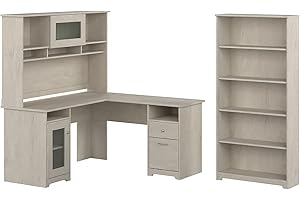 BUSH BUSINESS FURNITURE Bush Furniture Cabot 60W L Shaped Computer Desk with Hutch and 5 Shelf Bookcase in Linen White Oak