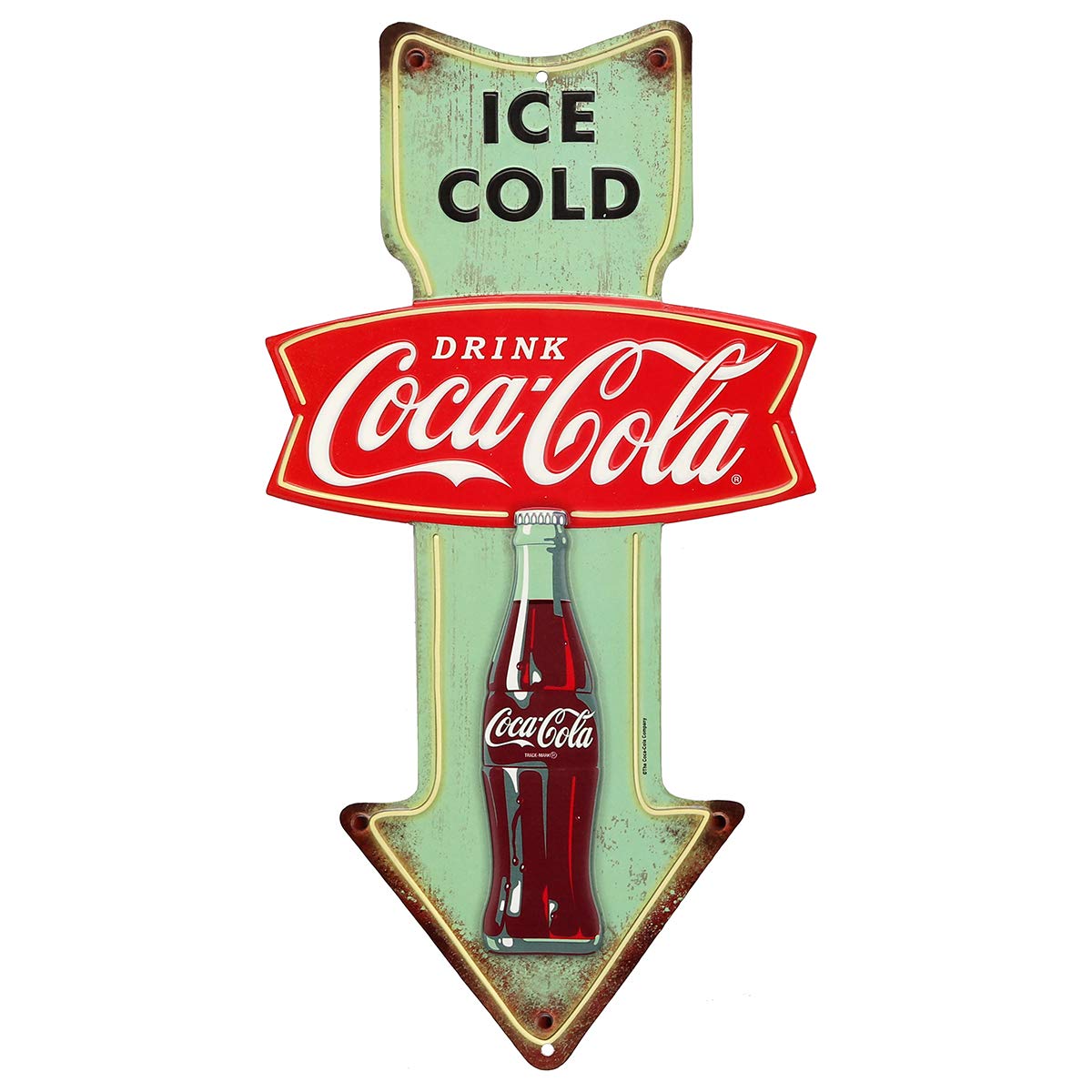 Coca-Cola Ice Cold Arrow Embossed Metal Sign - Vintage Diner Coca-Cola Sign for Kitchen or Man Cave