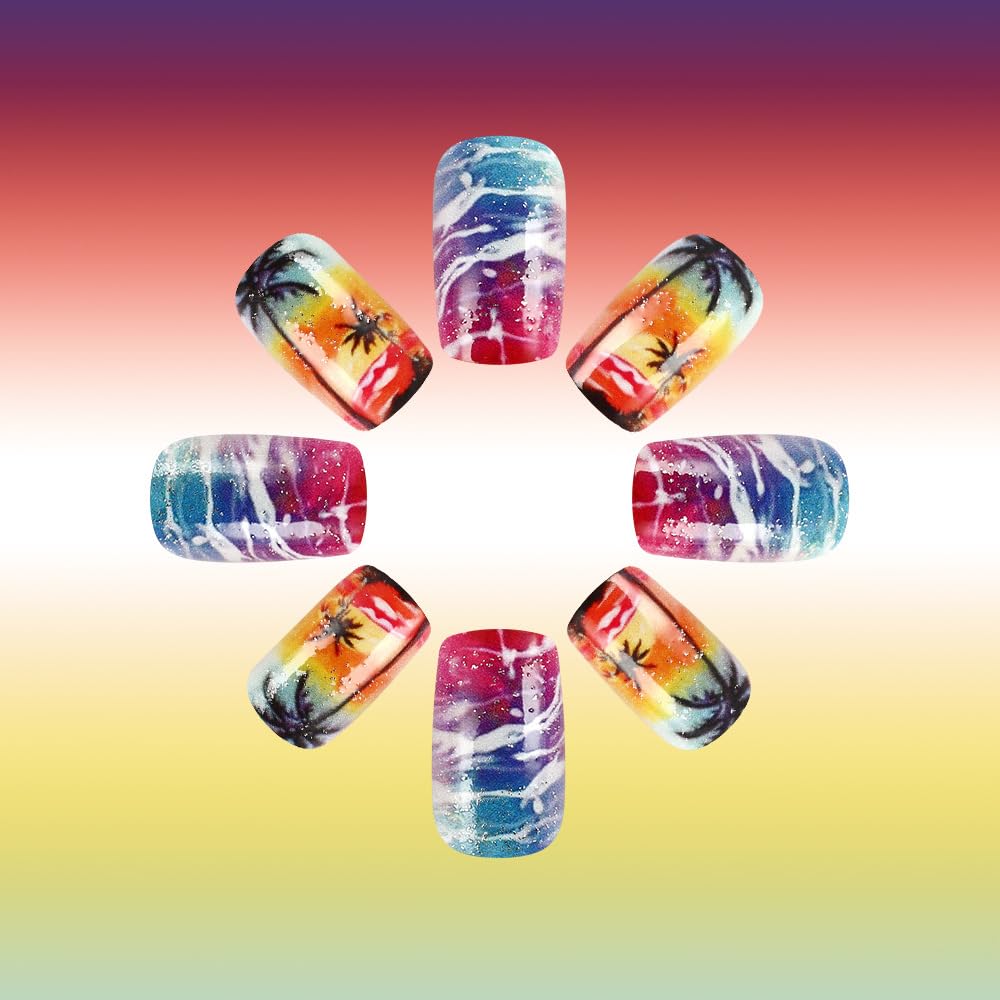 24Pcs Summer Press on Nails Medium Square Fake Nails Sea Waves Coconut Palms Design Coconut Tree Pattern Artificial Nails Ocean Beach Tropical Reusable Stick on Nails for Women Girls Summer Nail Art - Image 4