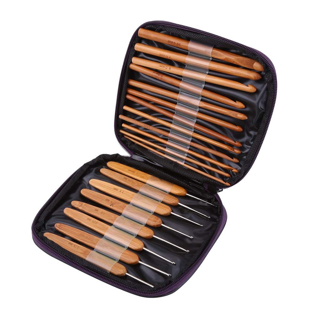20 Piece Complete Bamboo Crochet Hooks Set with Storage Case - Professional Quality Ergonomic Comfort Grip Handles for Crochet Beginners and Professionals