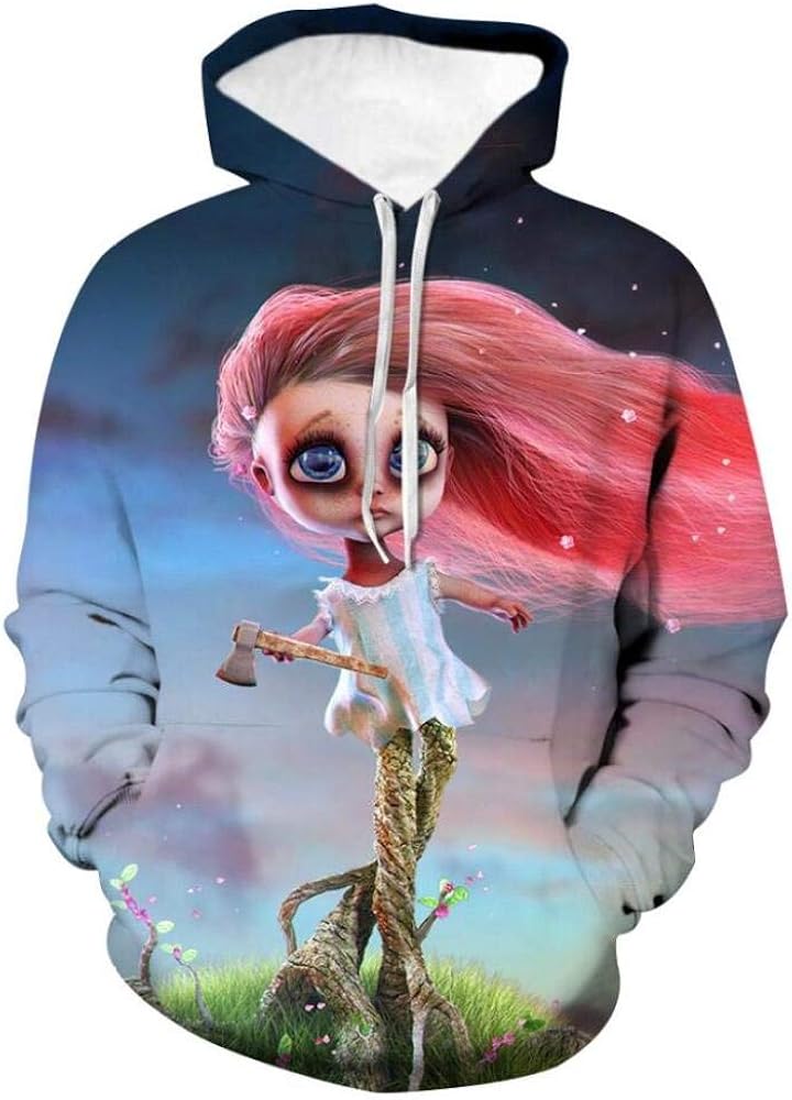 Cartoon Baum Mädchen Druck Hoodie Blau Herbst Und Winter
