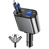 Retractable Car Charger, 4 in 1 Fast Charging Car Charger USB-C & USB-A Compatible with iPhone 16/15/14/13/12/11/X,Galaxy,Pixel