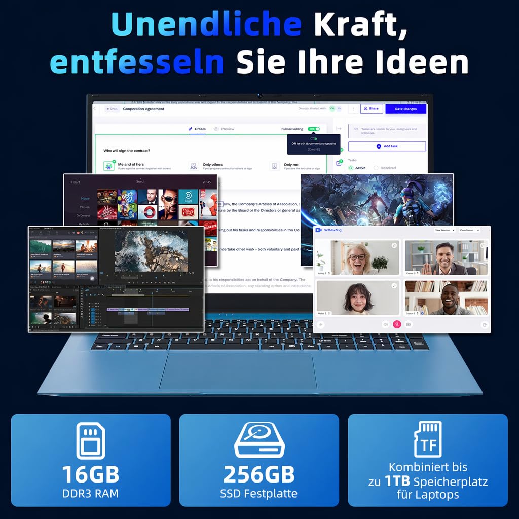 Liuord Laptop 18,5 Zoll 16GB RAM 256GB SSD, Copilot AI Notebook Core i3 (bis zu 3,9 GHz), 8000mAh Akku, Win 11, WiFi 6, FHD Display 180° Betrachtungswinkel, HDMI, USB-C Multifunktionsanschluss 4