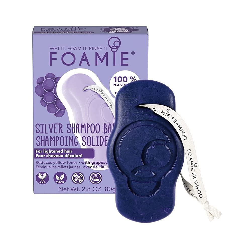 FOAMIE Silver Shampoo Bar for Blonde Hair, grape seed oil, Plastic-Free, pH-Balanced, Soap-Free, No Sulphates or Parabens. Made in the UK.