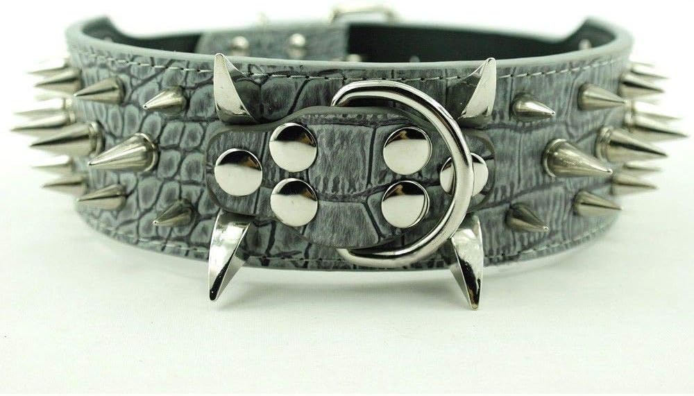 GJDLLC Three Row Spiked Vegan Leather Anti-Bite 2" Wide Dog Collar for Large Heavy Dogs