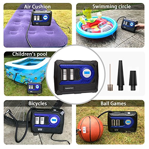 12V DC Air Compressor Pump, Digital Tire Inflator by 150psi, 12V Preset Pressure Tire Pump with Connect Clamps and 3 High-Air Flow Nozzles Perfect for Bicycle, Sport Balls and Other Inflatables