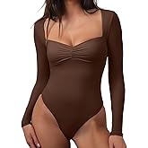 CHYRII Womens Sexy Square V Neck Bodysuit Tops Fall Fashion Long Sleeve Going Out Tops