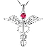 YL Caduceus Necklace Sterling Silver Doctor Nurse Themed Pendant Birthstone Angel Wings Snake Jewelry for Women