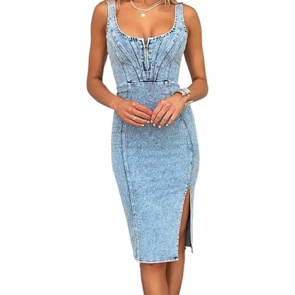 green emerald velvet dress Fitted Denim Tank Dress with Side Slit Blue / L main image 0