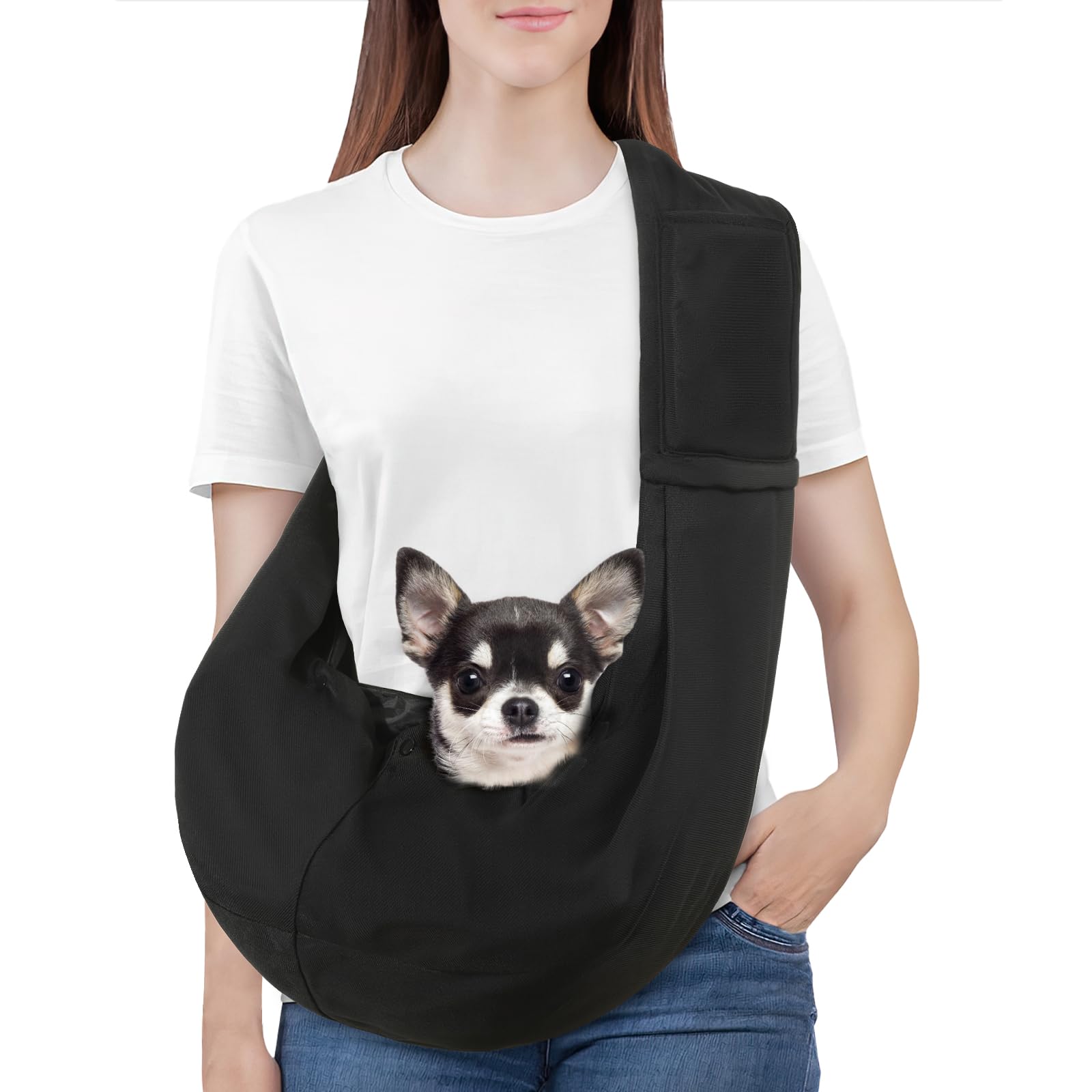 Photo 1 of Pawaboo Small Dog Sling Carrier, Reversible Hands Free Dog Sling Carriers for Small Dogs and Cats, Puppy Slings Carrier with Safety Harness, Puppy Essentials, Black
