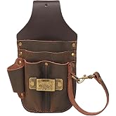Leather Tool Holster Electrician Carpenter DIY Waist Belt Pouch All in One | Heavy Duty Stitching,5 Dedicated Pockets For Drills, Tape Measures, Flashlights, Knife, 3.5" Wide Belt Loop, Edc Utility Bag