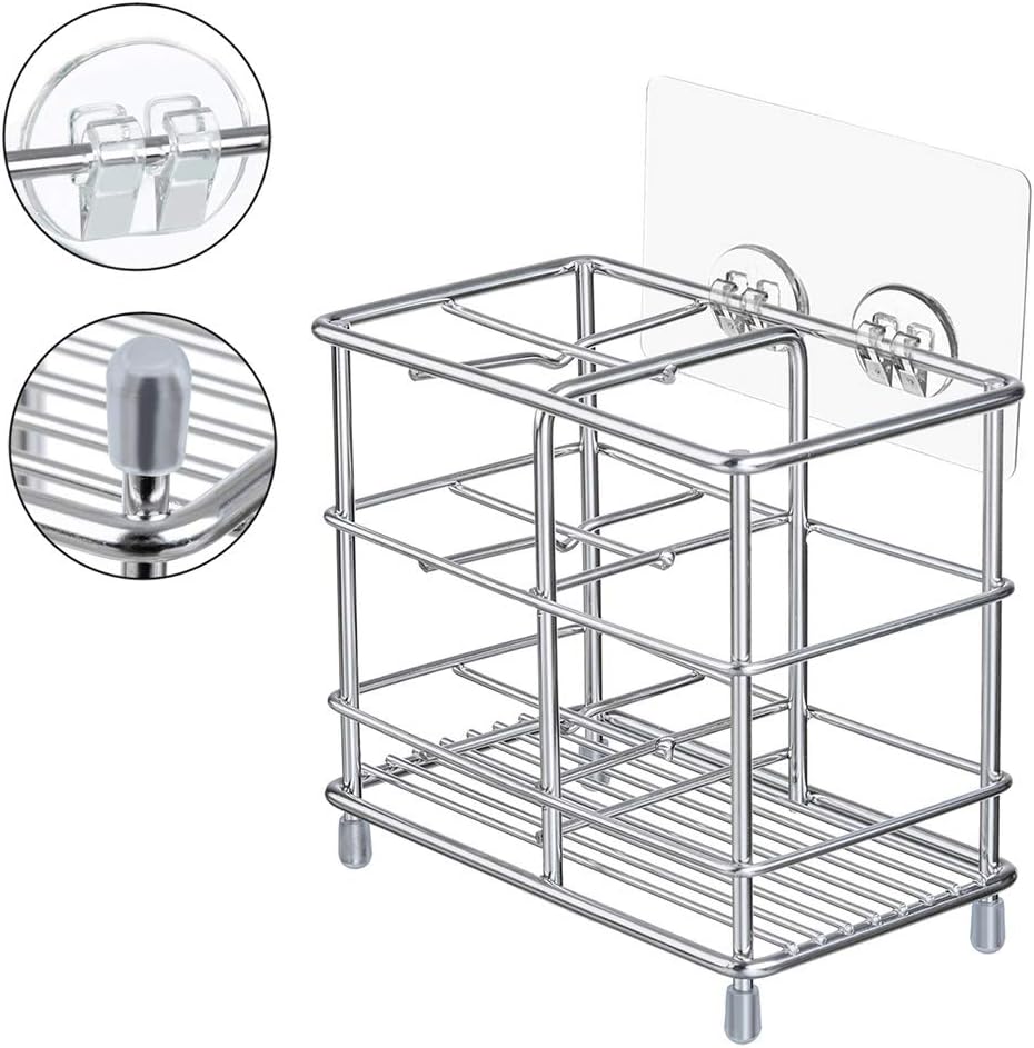 YONGJIE Stainless Steel Bathroom Toothbrush Holder Toothpaste Holder Stand, Wall-Mounted or Countertop Multi-Function Bathroom Storage Rack with Powerful Self-Adhesive: Home & Kitchen