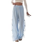 Y2K Gingham Pants for Women Bow Tie Side Slit Wide Leg Lounge Bottom Plaid Checkered Loose Fit Going Out Pants