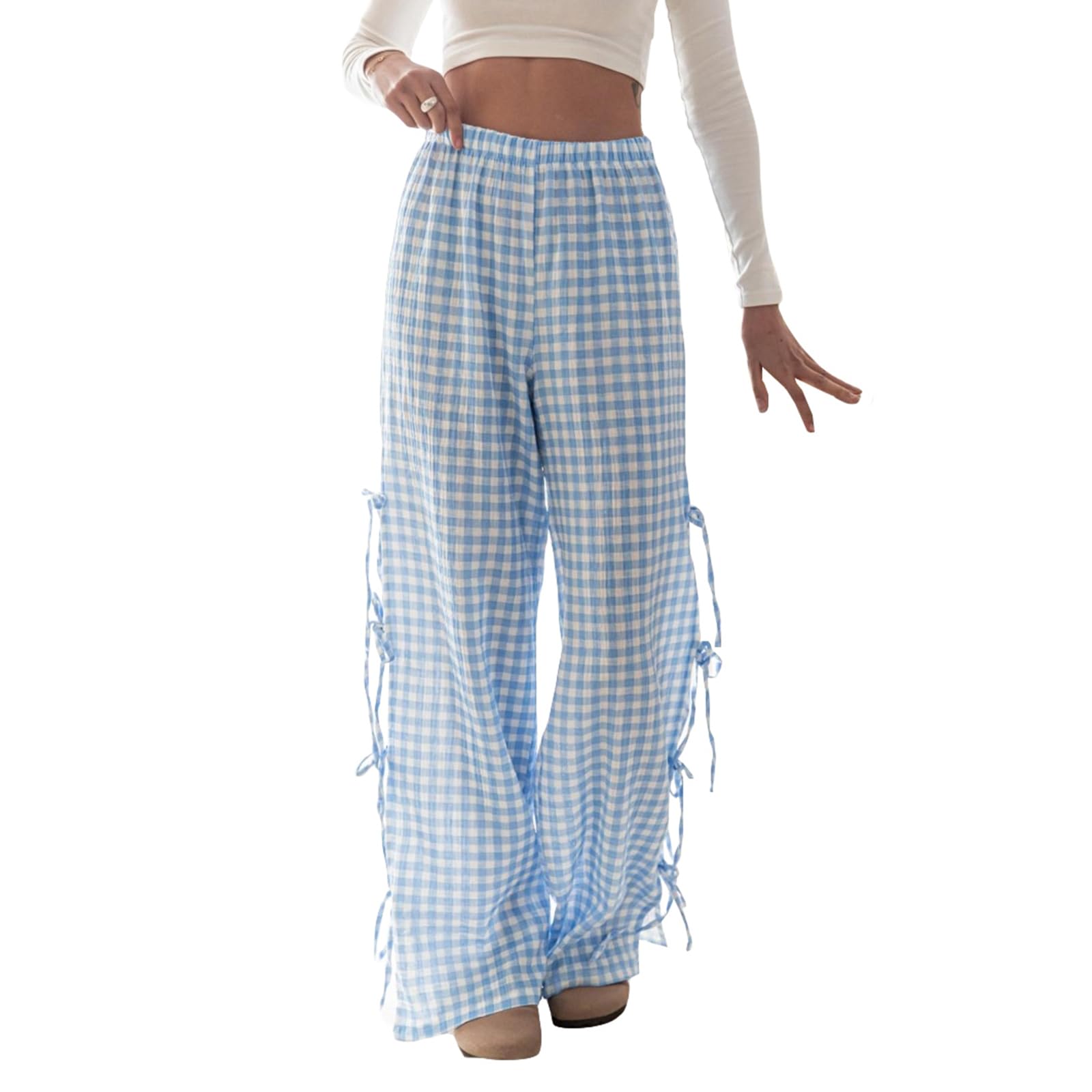 Plaid Elastic Waist Wide-Leg Cotton Pants main image 0