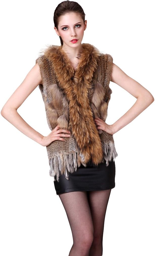 Bafei Knitted Real Rabbit Fur Women's Vest Waistcoat with Racoon Collar
