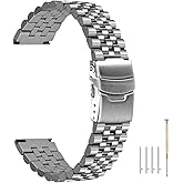 Kai Tian 20mm 22mm Stainless Steel Watch Band Screw-in Quick Release Watch Strap, Metal Engineer Watch Bands Taper Links with Fold Over Clasp Black Silver