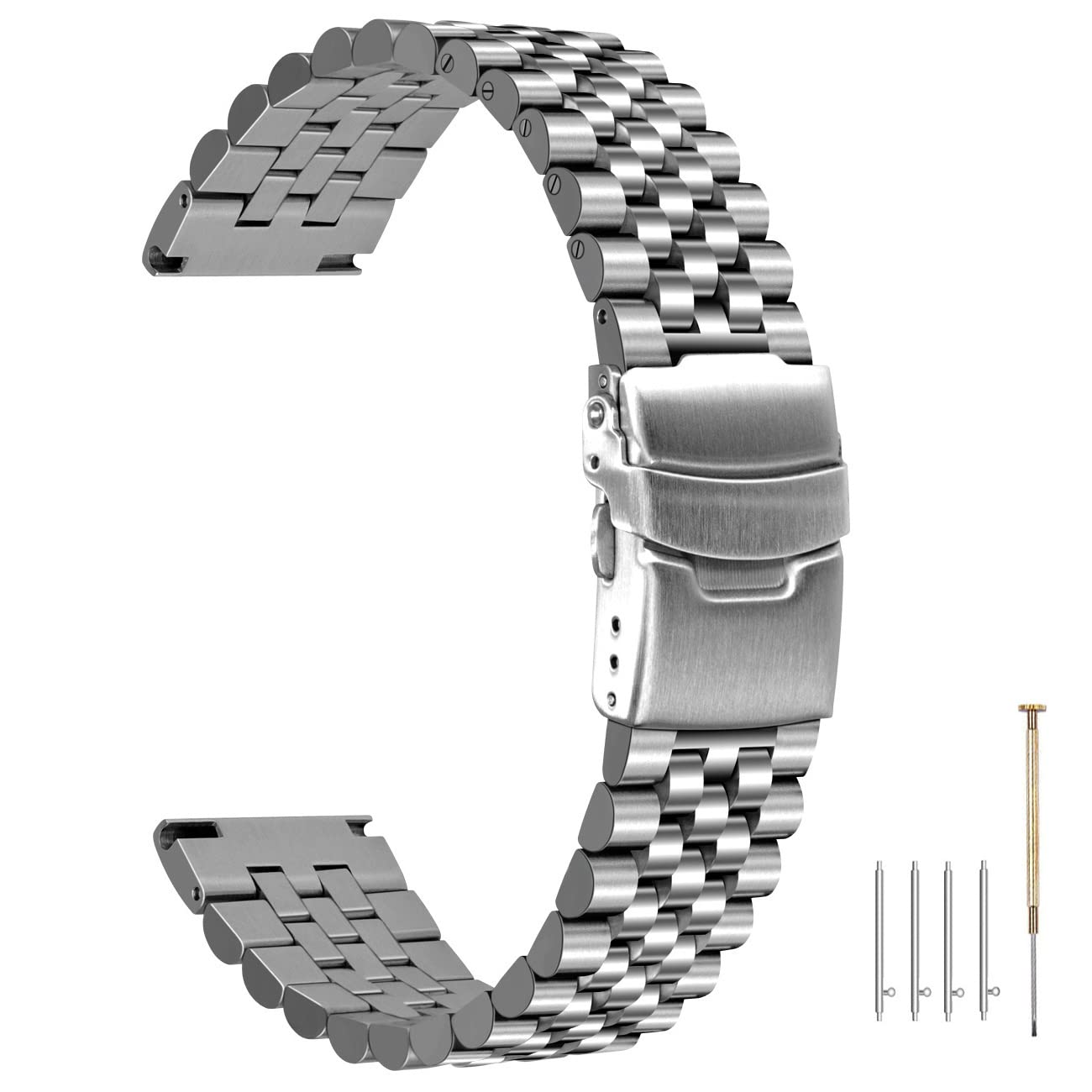 Kai Tian Super 3D Screw-in Adjustable Quick Release 22mm Watch Band Stainless Steel Silver Watch Strap Double Locks Diver Clasp