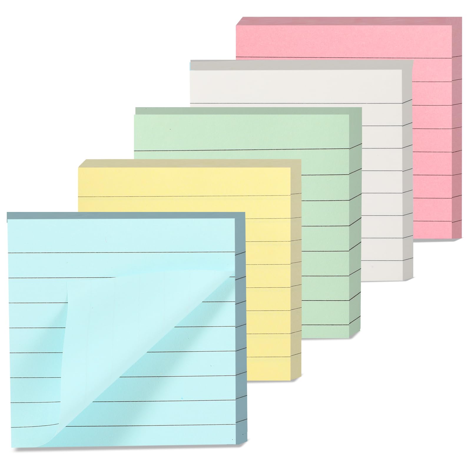 5 Pads Lined Sticky Notes 3 x 3 Inch (75 x 75 mm) Removable Self Sticky Notes Pads Bright Colour Memo Pads for Office School Home, Blue Yellow Green White Pink, 80 Sheets Per Pad