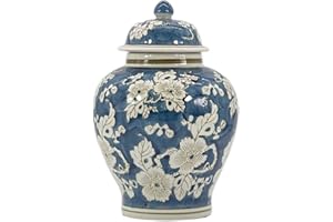 Galt International Blue and White Flower Chinoiserie Ginger Jar 12" w/Lid Ginger Jar, Tea Storage Decorative Home Decor Jar