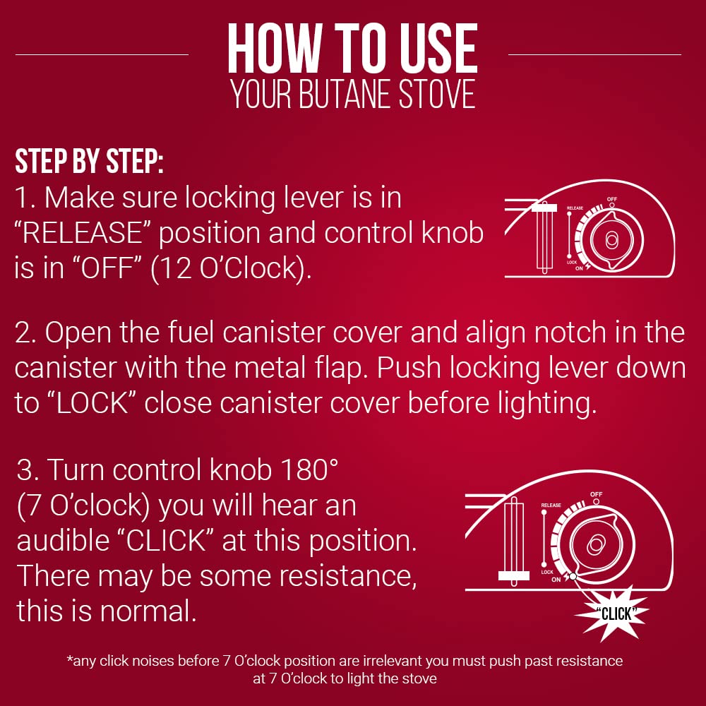 Chef Master Portable Butane Camping Stove, Piezo Ignition 7,650 BTU Output, Wind-Guard Portable Stove Burner with Portable Carrying Case for Emergencies, Road Trips, Hiking, Camping Essentials 90027