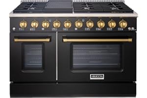 Akicon 48" Slide-in Freestanding Professional Style Gas Range with 6.7 Cu. Ft. Oven, 8 Burners, Convection Fan, Cast Iron Grates, & Blue Porcelain Oven Interior, In Black with Gold