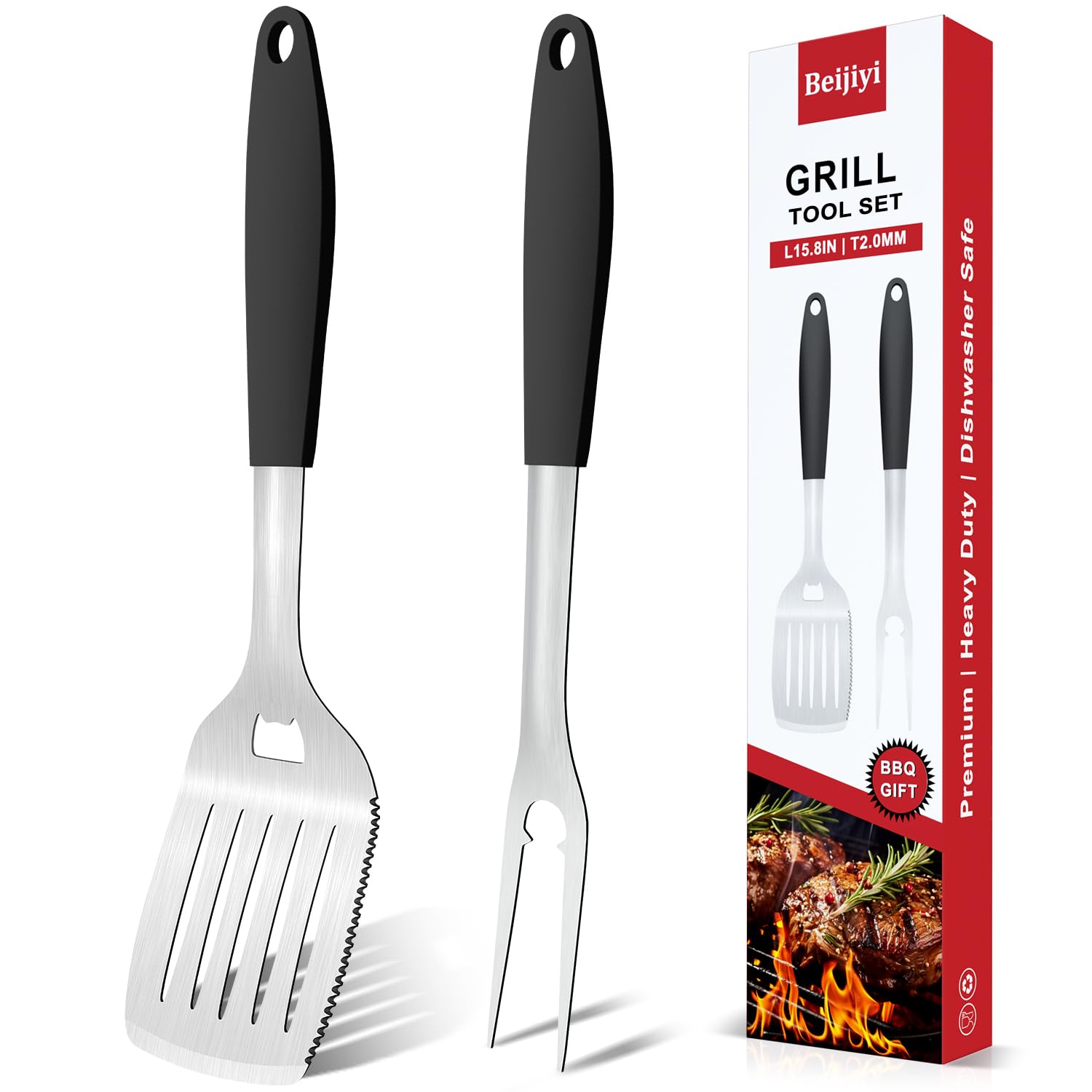 Beijiyi 2 PCS BBQ Tools Set, Stainless Steel BBQ Cooking Accessories Utensil Set - BBQ Grill Tool Spatula and Fork with Silicone Handle, Outdoor Barbecue Tools Accessories BBQ Utensils Gifts for Men