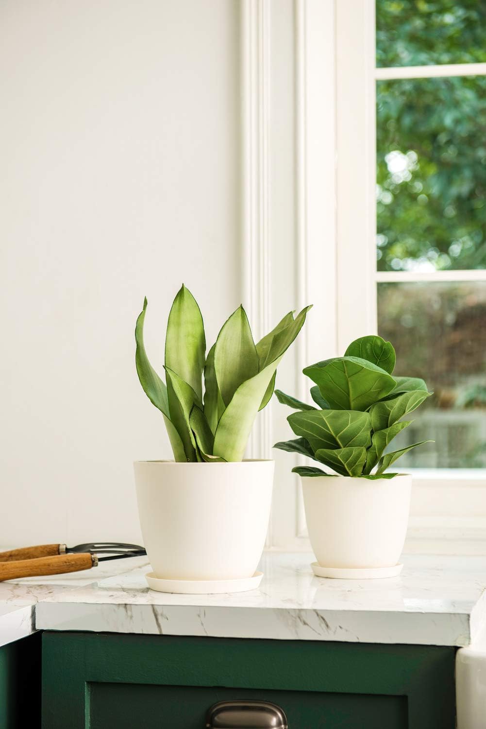 Mkono Plastic Planters with Saucers, Indoor Set of 5 Flower Plant Pots Modern Decorative Gardening Pot with Drainage for All House Plants, Herbs, Foliage Plant, and Seeding Nursery, Cream White, 6.5": Garden & Outdoor