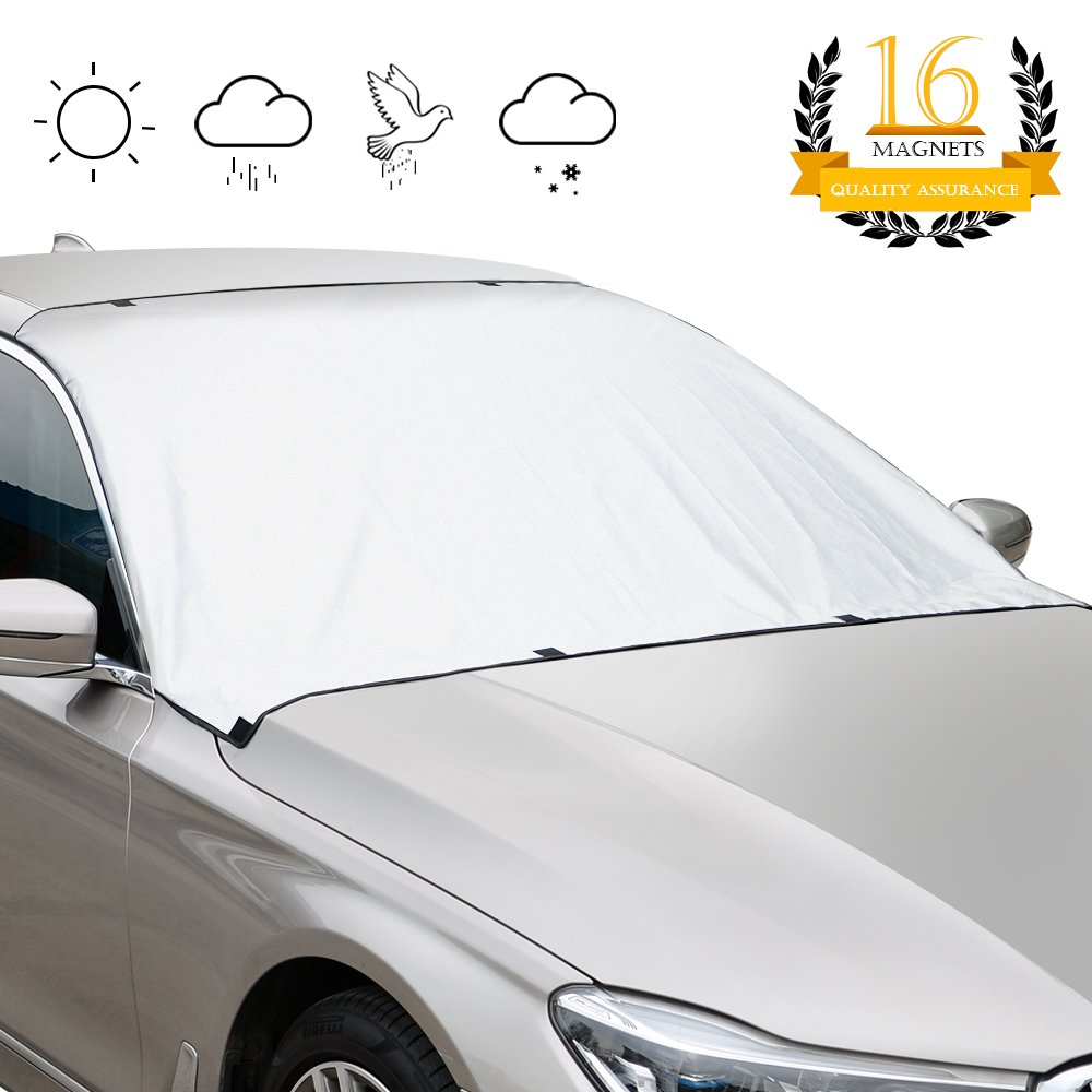 GOOACC Magnetic Windshield Cover, 8 x 2 Magnets Windshield Snow Cover - Car shade - Sun Shade - No More Scraping - Door Flaps Windproof Fits Most Iron Hood and Roof Car, SUV, Truck, Van with 92\