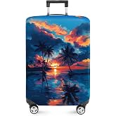 ANNA QUEEN Tropical Sunset Luggage Cover, Vibrant Beach & Palm Tree Design, Stretchable Washable Suitcase Protector for 28–30 Inch Travel Luggage