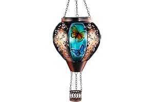 PEARLSTAR Hot Air Balloon Solar Lantern Butterfly Lights with Flickering Flame Solar Powered LED Lights Outdoor Waterproof Decorative Hanging Lights for Garden Patio Pathway Yard Porch Decor