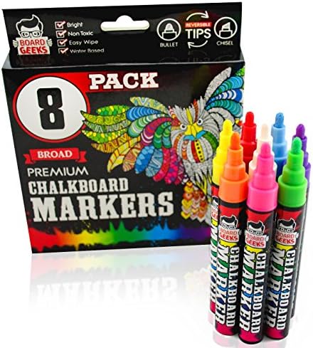 Board Geeks Liquid Chalk Markers | Chalkboards, Whiteboards, Glass, Metal, Vinyl, etc. | Reversible Tip (8 Pack Broad Tip)