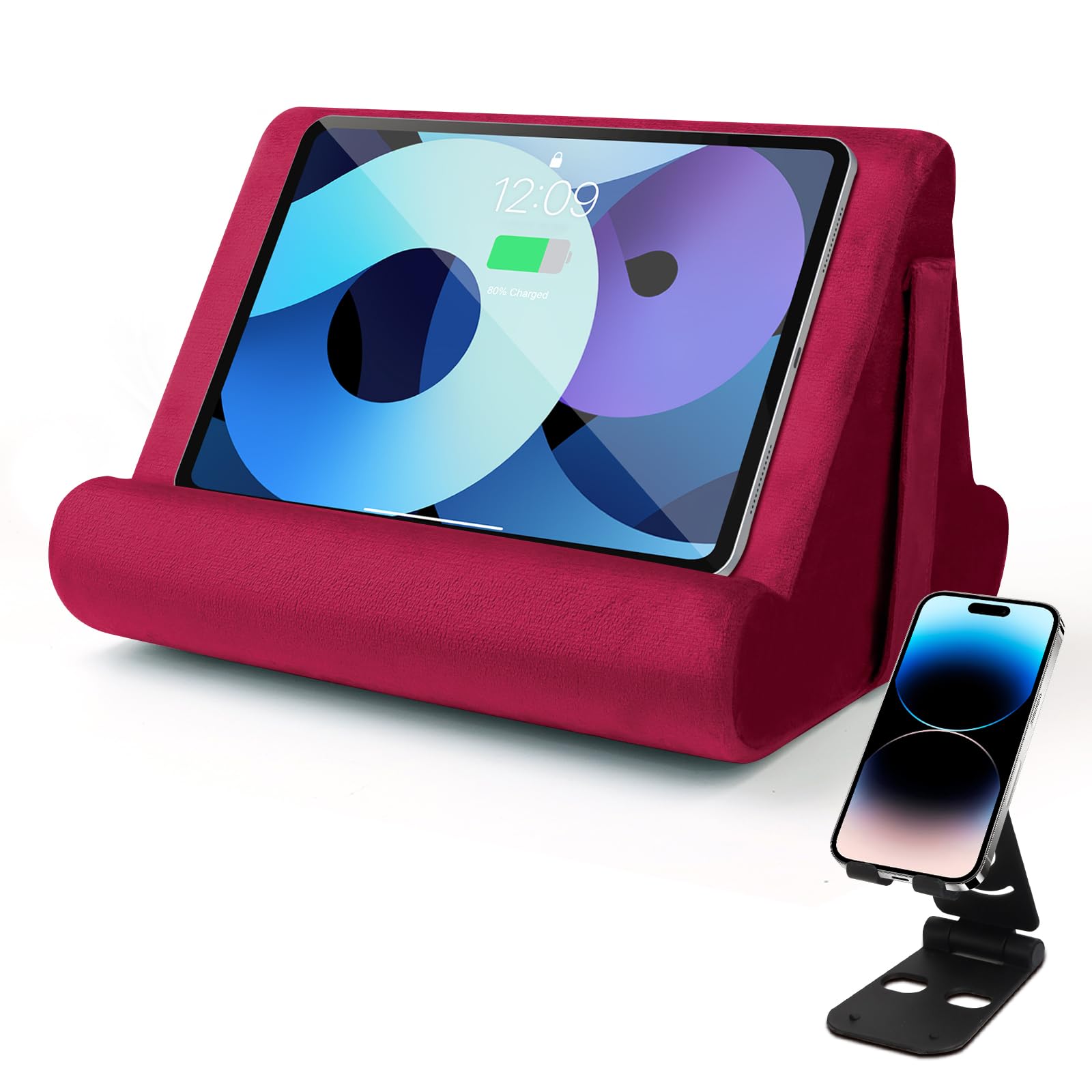 Tablet Stand Multi-Angle Tablet Pad Stand Lazy Holder Stand Soft Pad Stand Tablet Cushion Stand With Net Pocket & Black Phone Stand For Lap, Knee, Sofa and Bed Universal Phone Pad Stands(Wine Red)