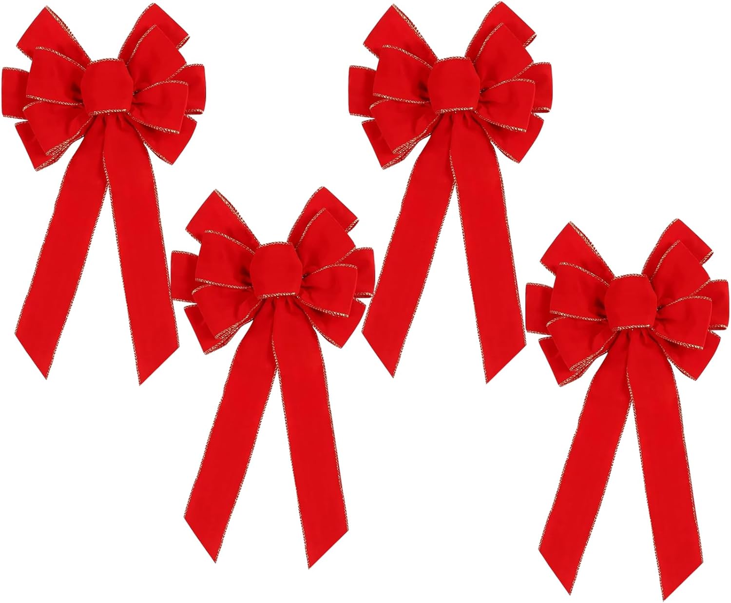Bows & Ribbons - Red Christmas Bows Decorations 12” X 20” Big Red Velvet Ribbon Wired Decorative Bows With Glitter Gold Edge For Tree Topper, Outdoor Indoor Wreaths Stair Fence Xmas Home Front Door Decorations (4 PCS)