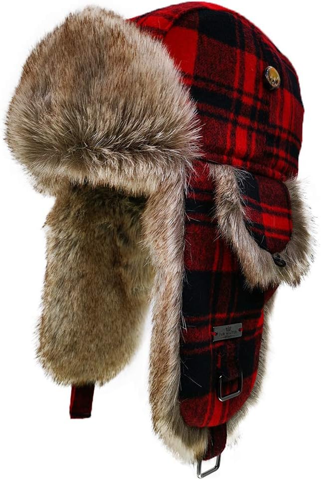 Wool Blend Buffalo Check Faux Fur Aviator Outdoor Trapper Trooper Pilot Ski Hat