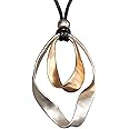 AZORA Handmade Bronze Color Multiple Ring Pendant Necklace Boho Style Long Leather Rope Sweater Necklace for Women