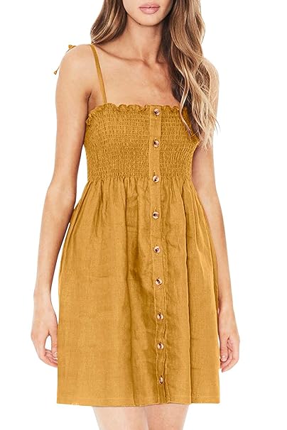 Yidarton Sommerkleid Damen Ärmellos Strandkleid Weiß Casual Spaghettiträger A-Linie Kelid Elegante Minikleid mit Taste