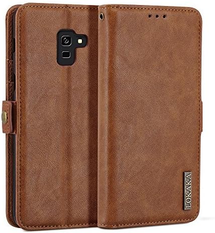 LOKAKA Case for Samsung Galaxy A8 Plus 2018, Folding Flip Cases Protective Cover Strong Magnetic Closure Protector with Card Slots Kickstand (Brown, 6.0”)