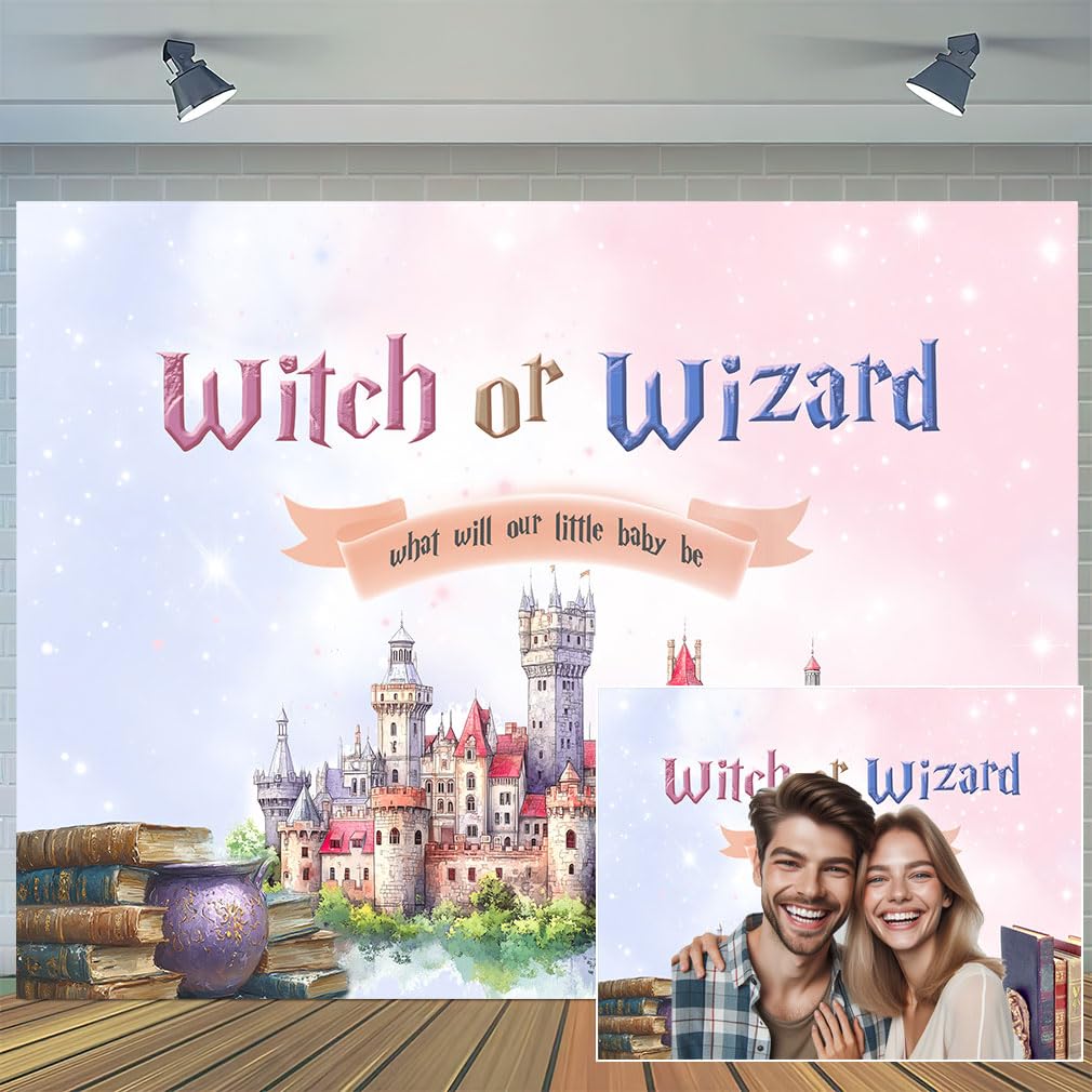 Photo 1 of 10X8ft Witch or Wizard Gender Reveal Photo Backdrop Photography Background, Magical Castle Book Owl Watercolor Backdrops Photo Booth Prop Decorations Wall Decor Tablecloth