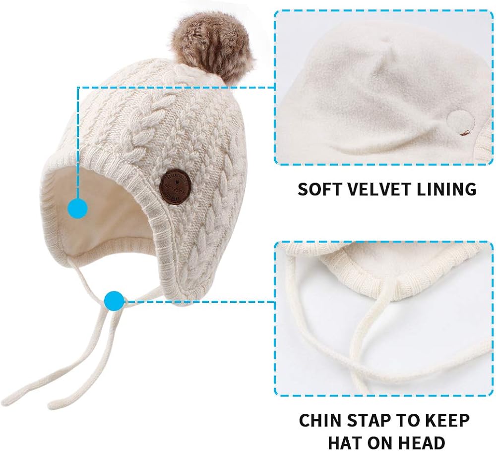 XIAOHAWANG Winter Baby Boys Hat Velvet Lining Toddler Kids Beanie Earflap Warm Baby Hats for Girls with Pompom (White, L) - Image 5