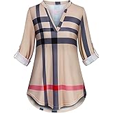 Viracy Womens 3/4 Roll Sleeve Shirt Notch V Neck Loose Pattern Tunic Top