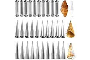 FOCCTS 31Pcs Stainless Steel Cannoli Forms Tube Set, 10 Cannoli Tubes Cannoli Forms, 20 Flat & Beveled Cones Mold, Non-Stick Cream Horn Molds with for Danish Pastry Lady Lock Form Cream Roll Croissant