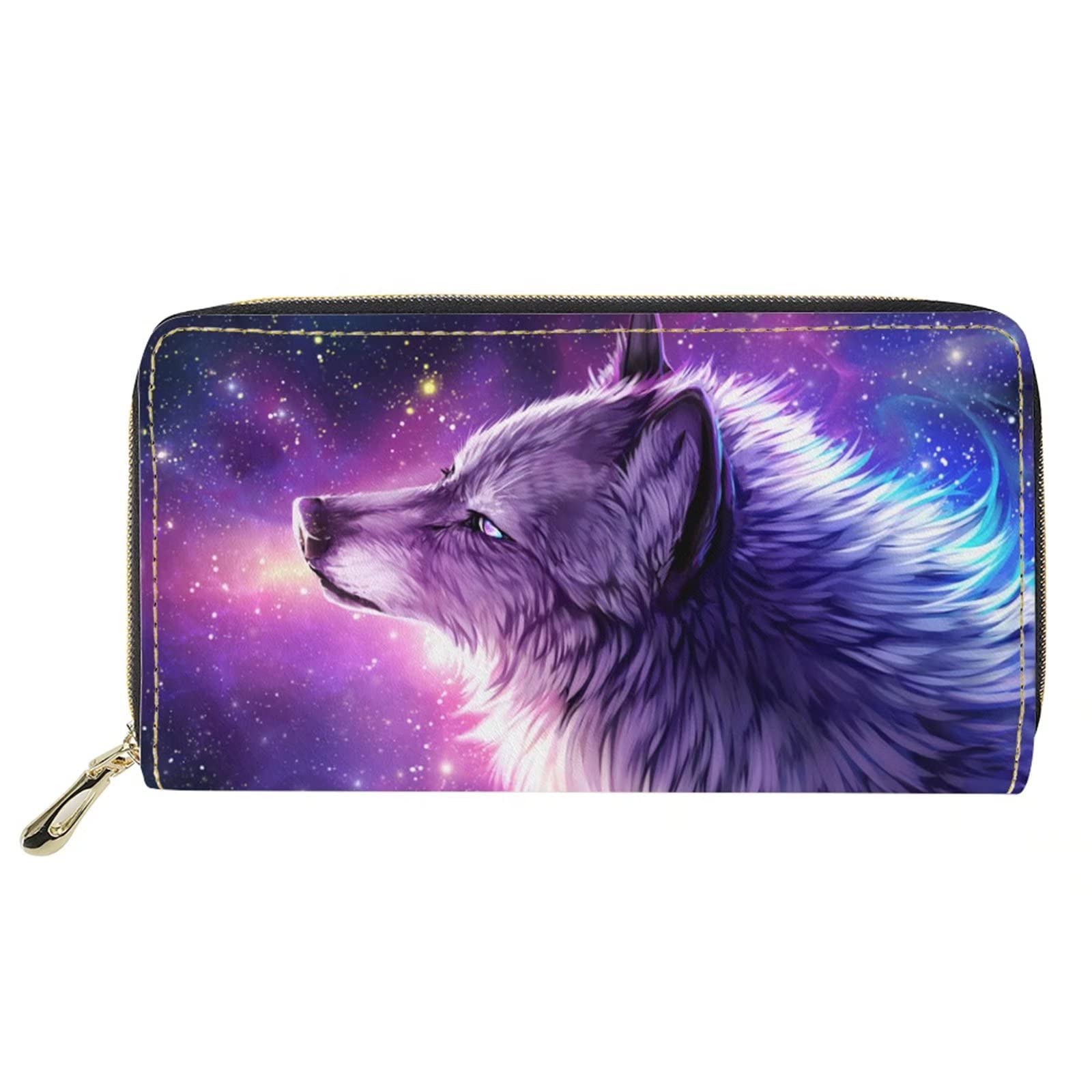 HELLHERO Galaxy Wolf Wallet for Women Men Leather Wallets Long Purse Coin Card Holder Money Organzier Phone Bag Clutch Handbag Travel