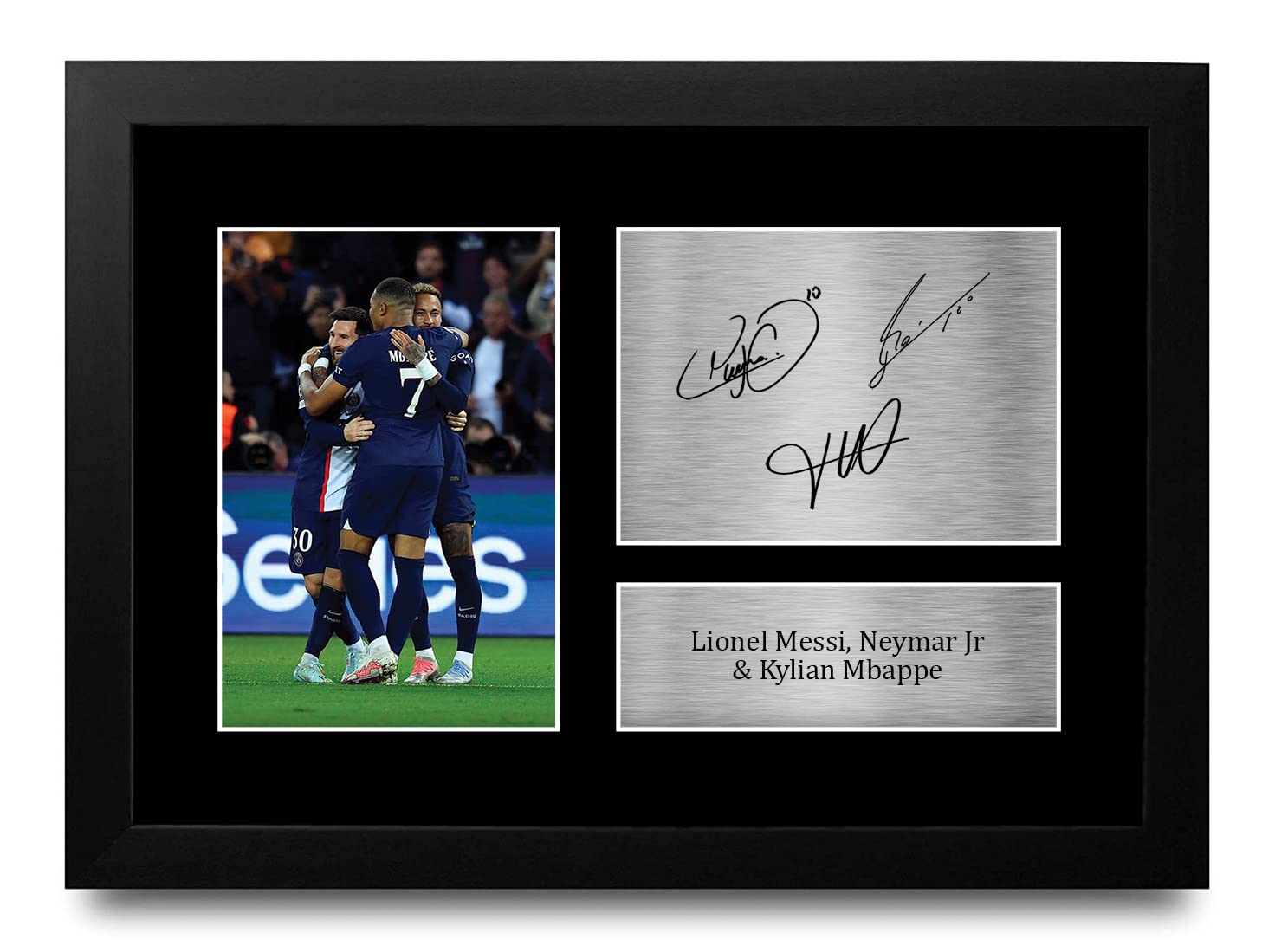 HWC Trading Lionel Messi, Neymar Jr & Kylian Mbappe Paris Blue and Reds Gifts Printed Signed Autograph Picture for Football Fans and Supporters - A4 Framed