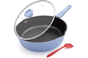 Bobikuke 12 Inch Non Stick Frying Pans with Lid, 5 QT Nonstick Deep Frying Pan Skillet, Saute Pan with Detachable Handle, Com