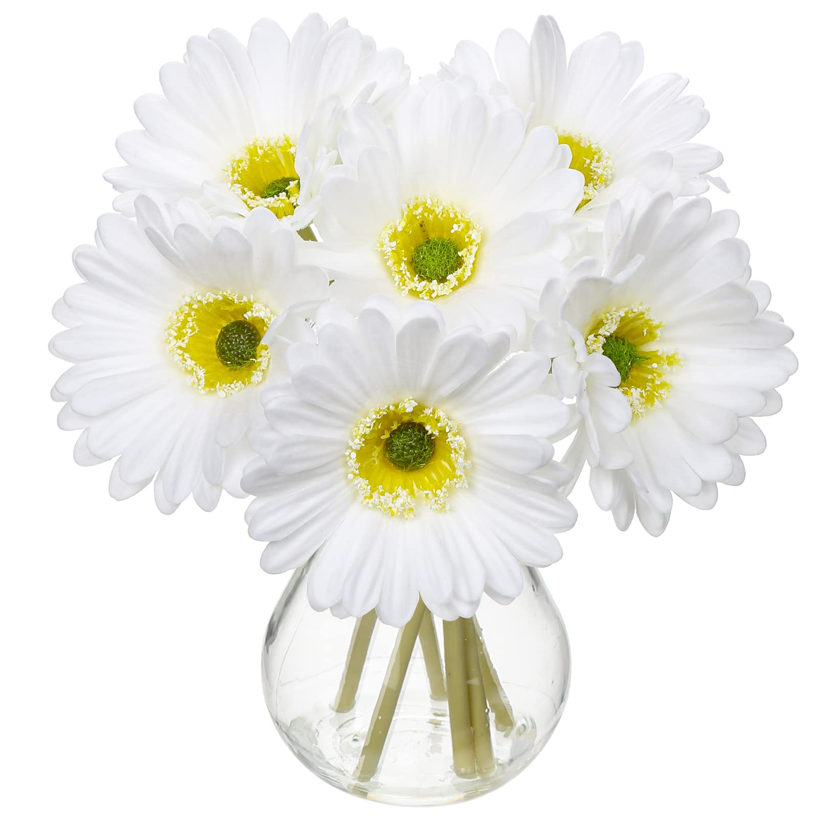 6 pcs Artificial African Daisies with Glass Vase, Small Fake Flowers in Vase with Faux Water, White Artificial Gerbera for Home Office Bathroom Living Room Party Wedding Centerpiece Decorations