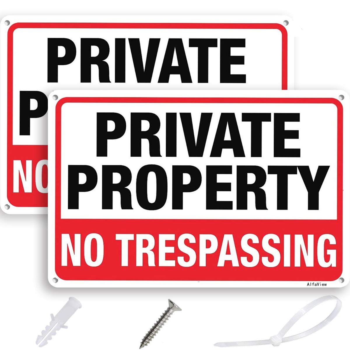 Private Property No Trespassing Sign, 10"x 7" .040 Rust Free Aluminum Sign, Reflective Anti UV Protected MetalSign, Easy to Install-Indoor & Outdoor Use with Screws and Zip Ties (2)