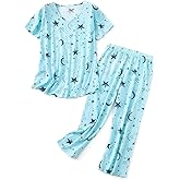 QUCH Womens Pajama Sets Plus Size Sleepwear Tops with Capri Pants Cotton Pajamas Set for Women Soft Comfy Cute Pj Sets