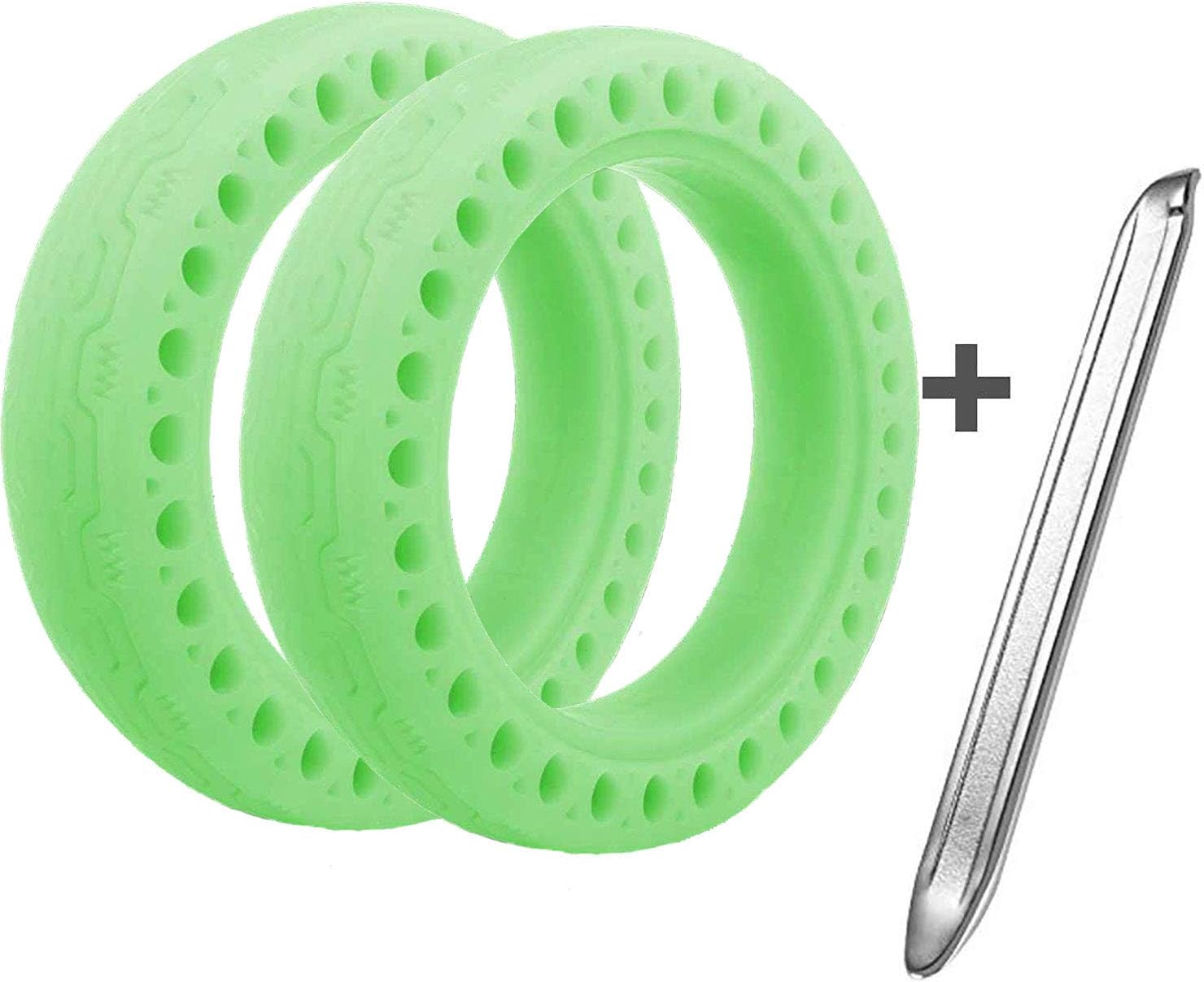Suremita 2 Pieces Tire Tubeless Luminous Solid Tyre for Mijia M365 Electric Scooter + 1 Stainless Steel Tire Levers (8.5 Inch, Fluorescent Green)